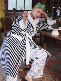New Joules Matilda Navy & White Fleece Lined Striped Dressing Gown Navy&White