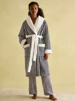 New Joules Matilda Navy & White Fleece Lined Striped Dressing Gown Navy&White