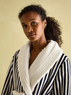 New Joules Matilda Navy & White Fleece Lined Striped Dressing Gown Navy&White