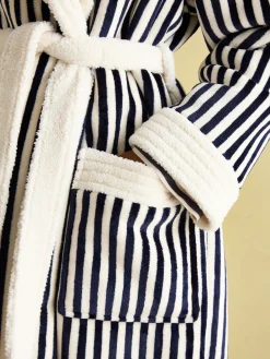 New Joules Matilda Navy & White Fleece Lined Striped Dressing Gown Navy&White