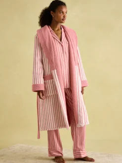 Online Joules Matilda Pink & White Fleece Lined Striped Dressing Gown Pink&White