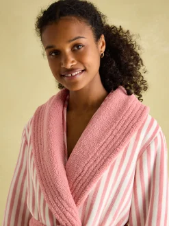 Online Joules Matilda Pink & White Fleece Lined Striped Dressing Gown Pink&White