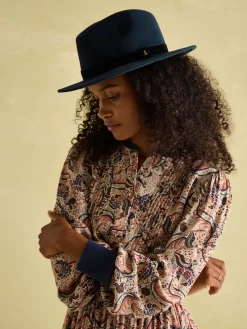 Hot Joules Maude Navy Blue Wool Fedora Hat NavyBlue