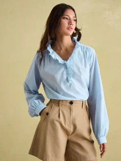 Best Joules Melanie Cotton Ruffle Blouse Blue/White