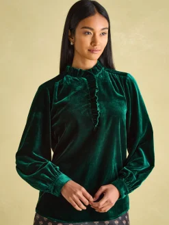 New Joules Melanie Velvet Blouse Green