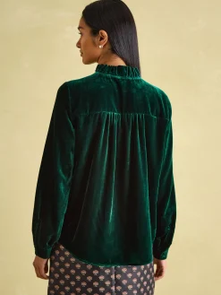 New Joules Melanie Velvet Blouse Green