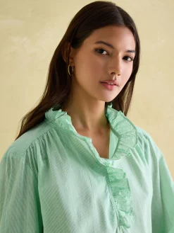 Sale Joules Melanie Cotton Ruffle Blouse Green/White
