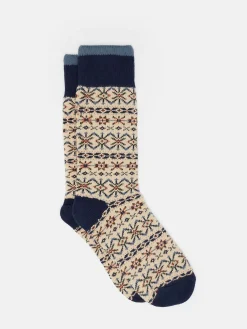 New Joules Men's Alby Fair Isle Socks (size 7-12) Cream/Blue