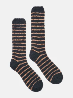 Hot Joules Men's Fluffy Striped Socks Tan/Navy