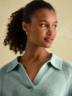 Online Joules Mia Teal Blue Pointelle Jumper with Open Collar TealBlue