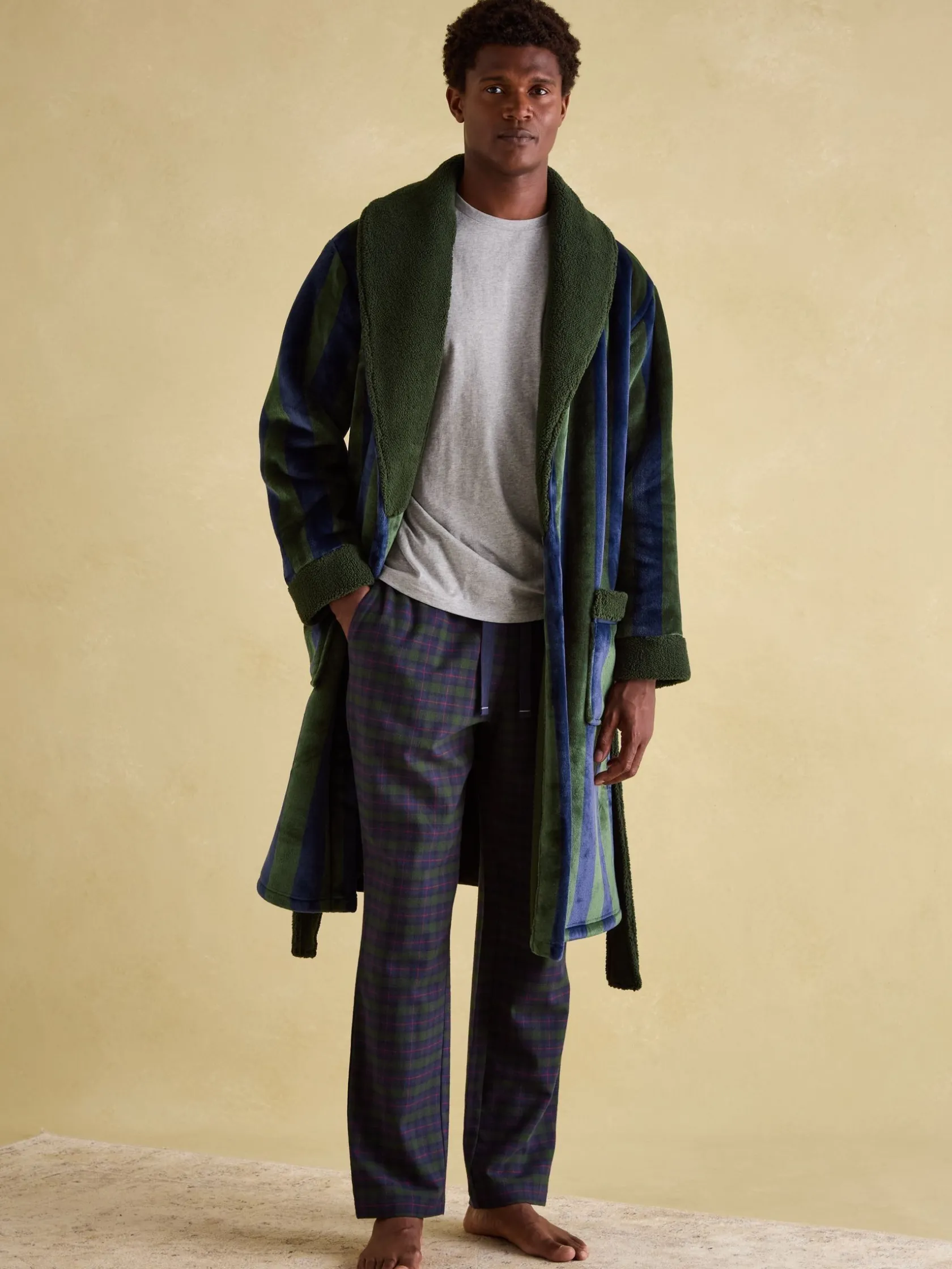 Sale Joules Montague Green & Navy Stripe Fleece Lined Dressing Gown Green&NavyStripe