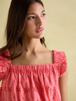 Hot Joules Nadia Coral Pink Broderie Sun Dress CoralPink