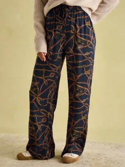 Best Joules Navy Blue Bridle Wide Leg Printed Satin Trousers NavyBlueBridle