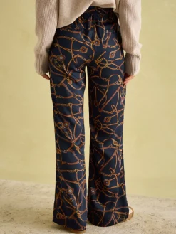 Best Joules Navy Blue Bridle Wide Leg Printed Satin Trousers NavyBlueBridle