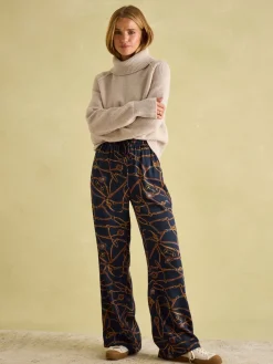 Best Joules Navy Blue Bridle Wide Leg Printed Satin Trousers NavyBlueBridle