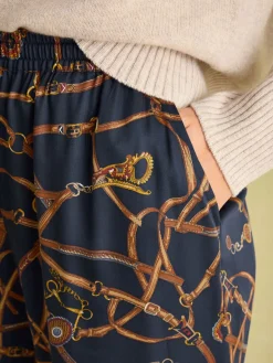 Best Joules Navy Blue Bridle Wide Leg Printed Satin Trousers NavyBlueBridle