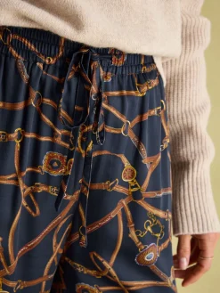 Best Joules Navy Blue Bridle Wide Leg Printed Satin Trousers NavyBlueBridle