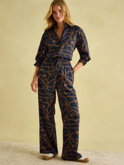 Best Joules Navy Blue Bridle Wide Leg Printed Satin Trousers NavyBlueBridle