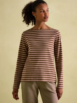 Clearance Joules New Harbour Chocolate Brown pink Boat Neck Breton Top ChocolateBrownpink