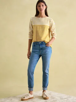 Joules New Harbour Yellow/ Cream Boat Neck Breton Top Yellow/Cream