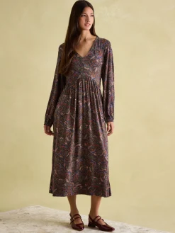 Sale Joules Nia Long Sleeve Midaxi Dress Navy/Burgundy