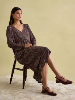 Sale Joules Nia Long Sleeve Midaxi Dress Navy/Burgundy