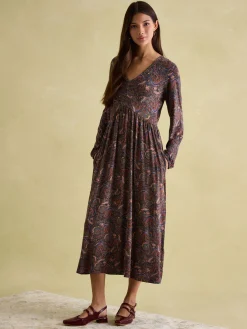 Sale Joules Nia Long Sleeve Midaxi Dress Navy/Burgundy