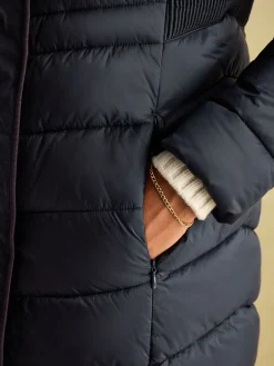 New Joules Pembury Navy Blue Showerproof Longline Padded Coat With Hood NavyBlue