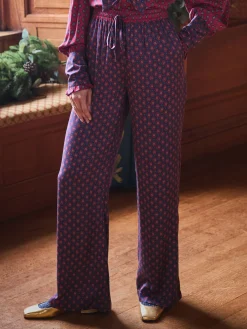 New Joules Red & Navy Satin Wide Leg Trousers Red&Navy