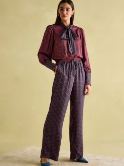 New Joules Red & Navy Satin Wide Leg Trousers Red&Navy