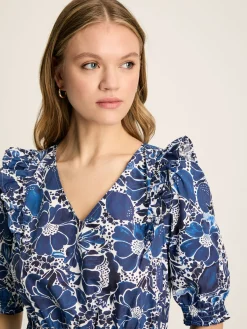 Hot Joules Rosalie Blue & White V-Neck Frill Dress Blue&White