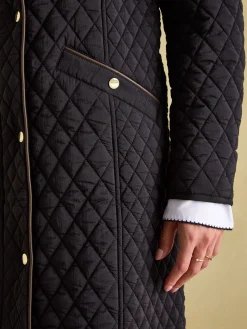 Hot Joules Rosewell Showerproof Longline Diamond Quilted Coat Black