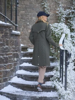 Sale Joules Rosewell Khaki Green Showerproof Longline Diamond Quilted Coat KhakiGreen