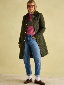 Sale Joules Rosewell Khaki Green Showerproof Longline Diamond Quilted Coat KhakiGreen