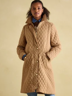Joules Rosewell Tan Brown Showerproof Longline Diamond Quilted Coat TanBrown
