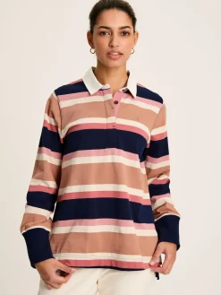 New Joules Sammie Tan Multi Stripe Striped Heavyweight Cotton Rugby Shirt TanMultiStripe