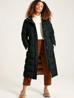 New Joules Somerton Showerproof Down Feather Long Puffer Coat Black