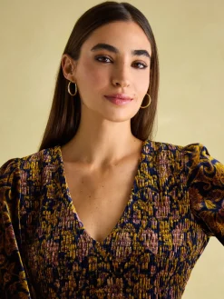 Joules Vanessa Velvet Shirred Dress Floral