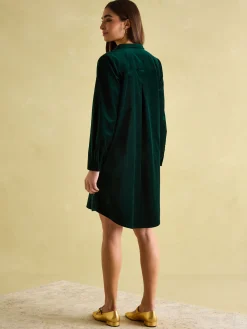 Sale Joules Velvet Marlowe Nehru Collar Shirt Dress Green