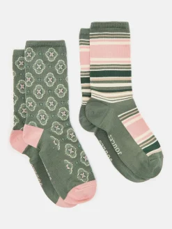 New Joules Women's Everyday Khaki Green 2 Pack Socks (size 4-8) KhakiGreen