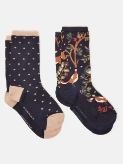 Clearance Joules Women's Everyday 2 Pack Socks (size 4-8) Tan/Navy